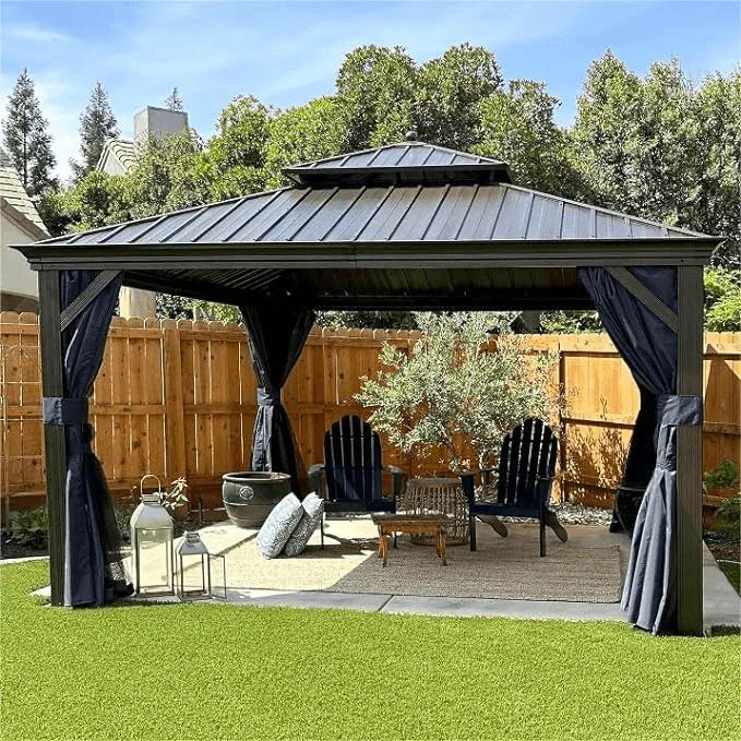 PURPLE LEAF Outdoor Hardtop Gazebo for Patio Bronze Aluminum Frame Pavilion with Navy-Blue Curtain