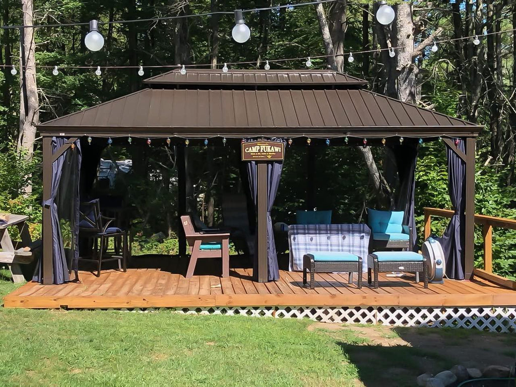 PURPLE LEAF Outdoor Hardtop Gazebo for Patio Bronze Aluminum Frame Pavilion with Navy-Blue Curtain and Reinforced Support Rods