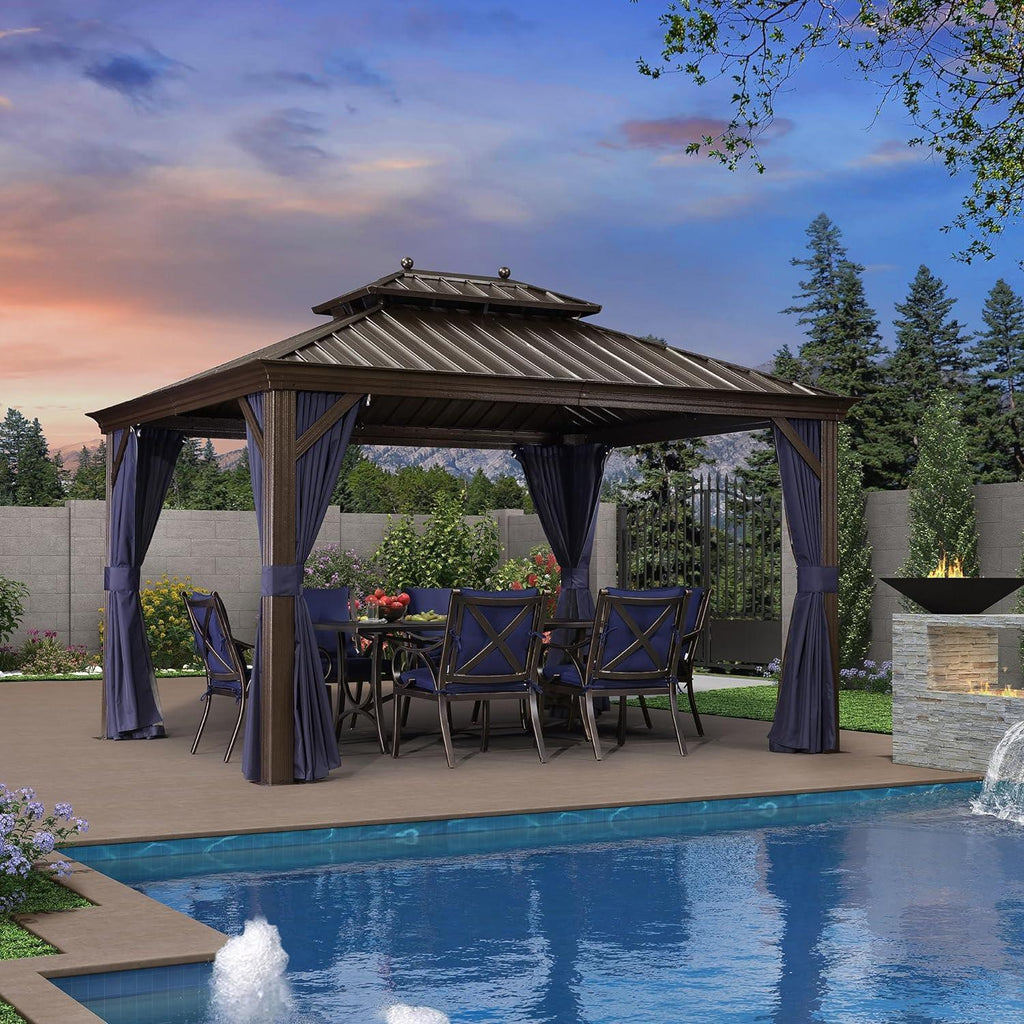 PURPLE LEAF Outdoor Hardtop Gazebo for Patio Bronze Aluminum Frame Pavilion with Navy-Blue Curtain and Reinforced Support Rods