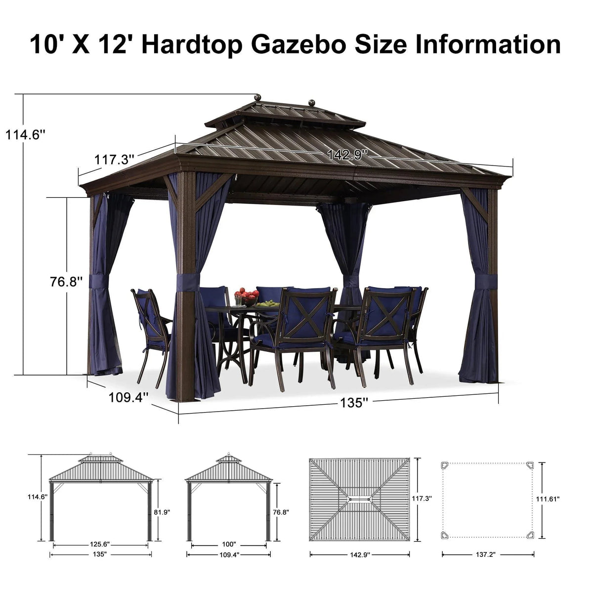 PURPLE LEAF Outdoor Hardtop Gazebo for Patio Bronze Aluminum Frame Pavilion with Navy-Blue Curtain and Reinforced Support Rods