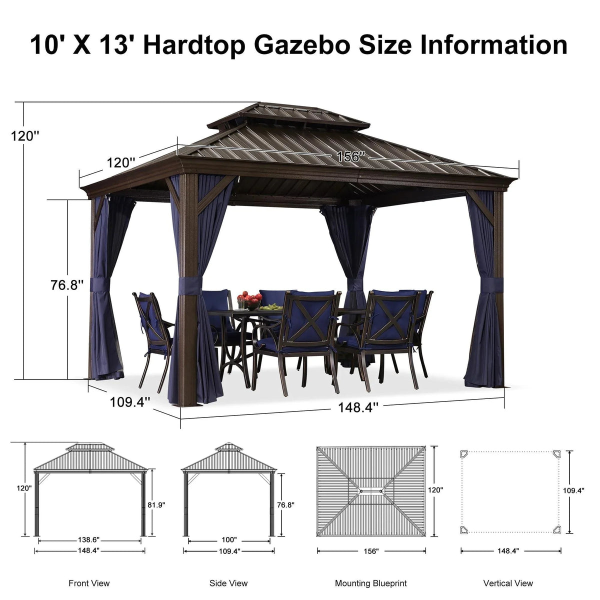 PURPLE LEAF Outdoor Hardtop Gazebo for Patio Bronze Aluminum Frame Pavilion with Navy-Blue Curtain