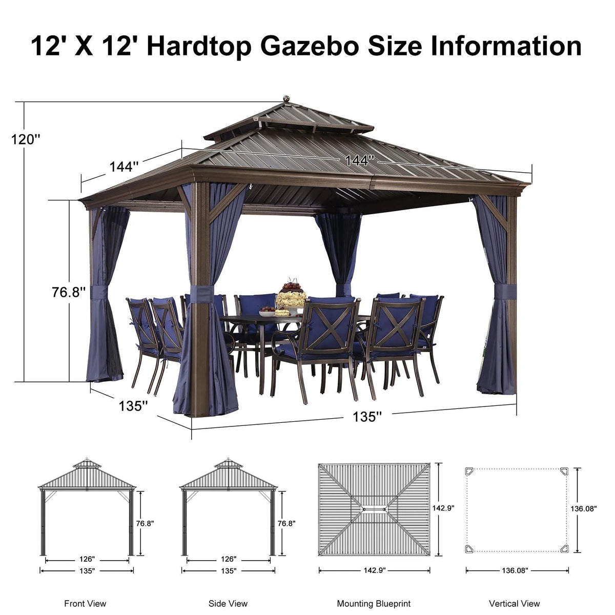 PURPLE LEAF Outdoor Hardtop Gazebo for Patio Bronze Aluminum Frame Pavilion with Navy-Blue Curtain