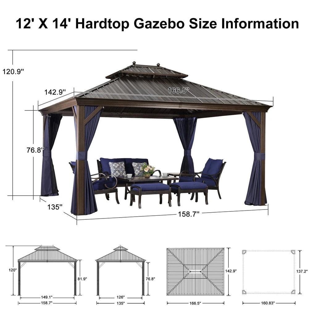 PURPLE LEAF Outdoor Hardtop Gazebo for Patio Bronze Aluminum Frame Pavilion with Navy-Blue Curtain and Reinforced Support Rods