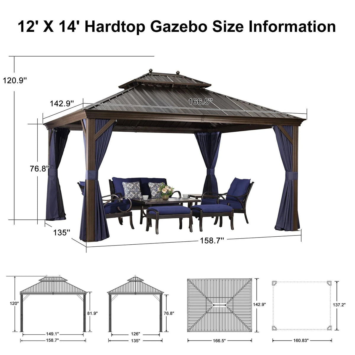 PURPLE LEAF Outdoor Hardtop Gazebo for Patio Bronze Aluminum Frame Pavilion with Navy-Blue Curtain and Reinforced Support Rods