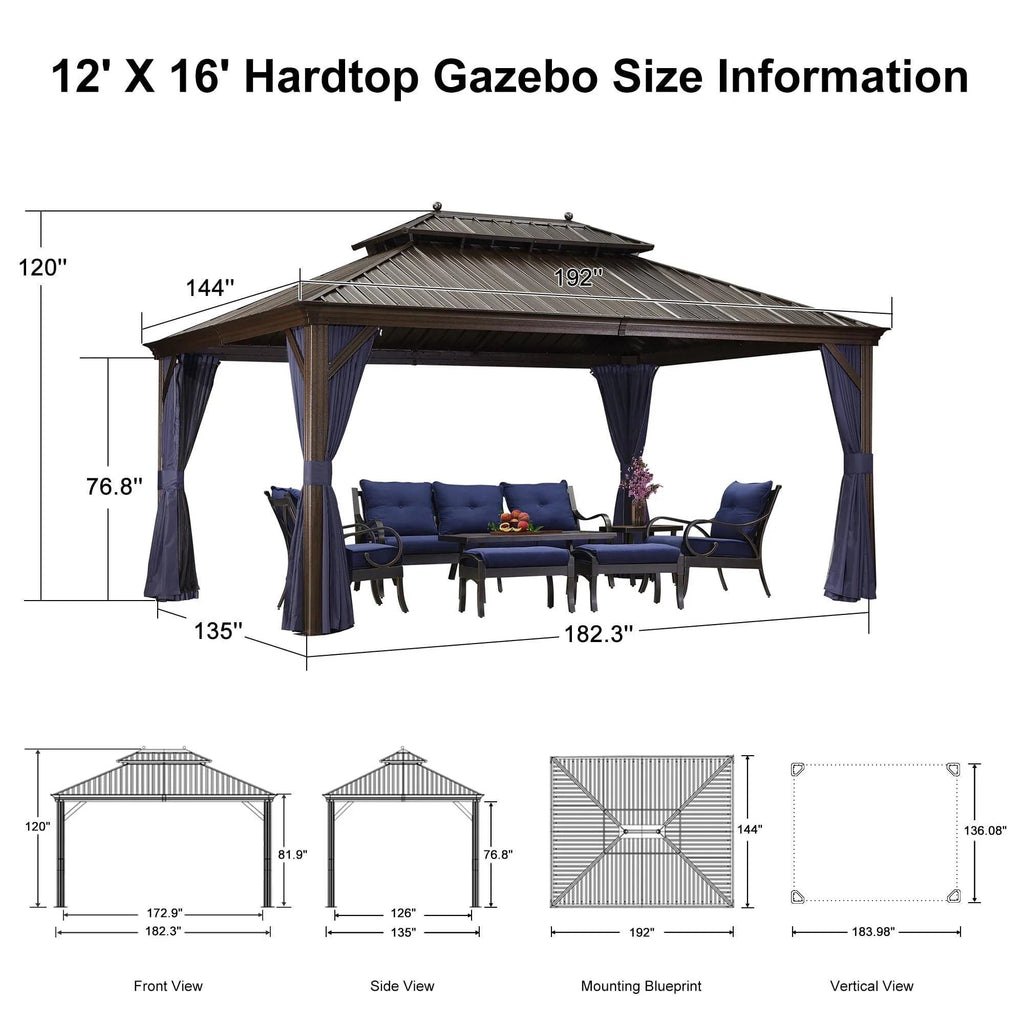 PURPLE LEAF Outdoor Hardtop Gazebo for Patio Bronze Aluminum Frame Pavilion with Navy-Blue Curtain