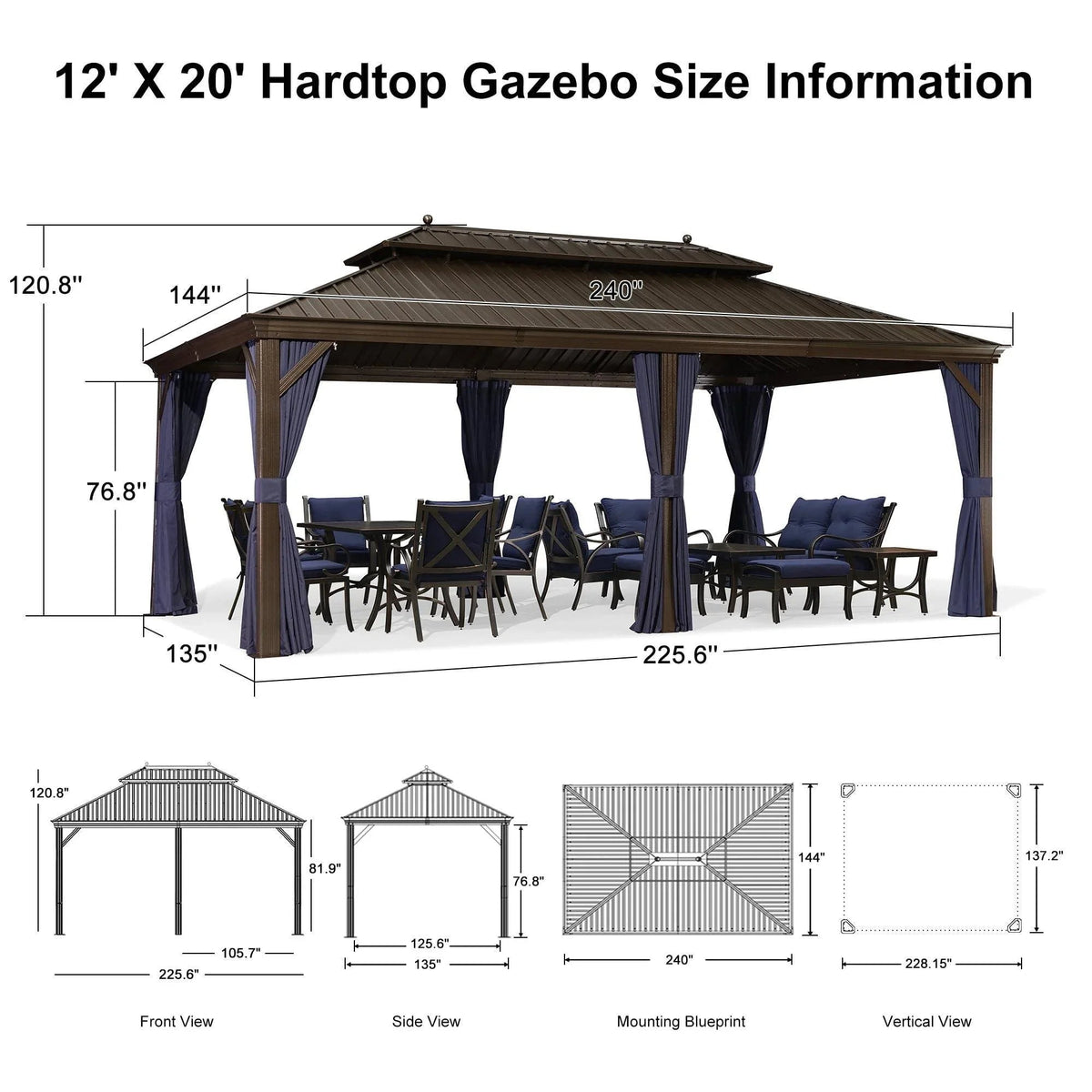 PURPLE LEAF Outdoor Hardtop Gazebo for Patio Bronze Aluminum Frame Pavilion with Navy-Blue Curtain
