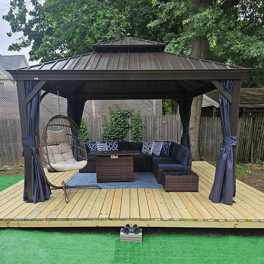 PURPLE LEAF Outdoor Hardtop Gazebo for Patio Bronze Aluminum Frame Pavilion with Navy-Blue Curtain