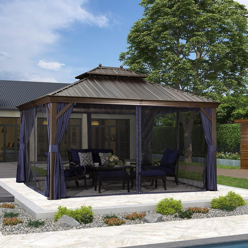 PURPLE LEAF Outdoor Hardtop Gazebo for Patio Bronze Aluminum Frame Pavilion with Navy-Blue Curtain and Reinforced Support Rods
