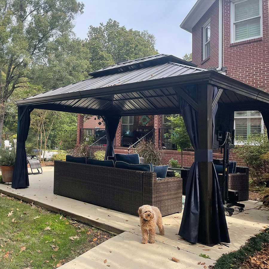 PURPLE LEAF Outdoor Hardtop Gazebo for Patio Bronze Aluminum Frame Pavilion with Navy-Blue Curtain