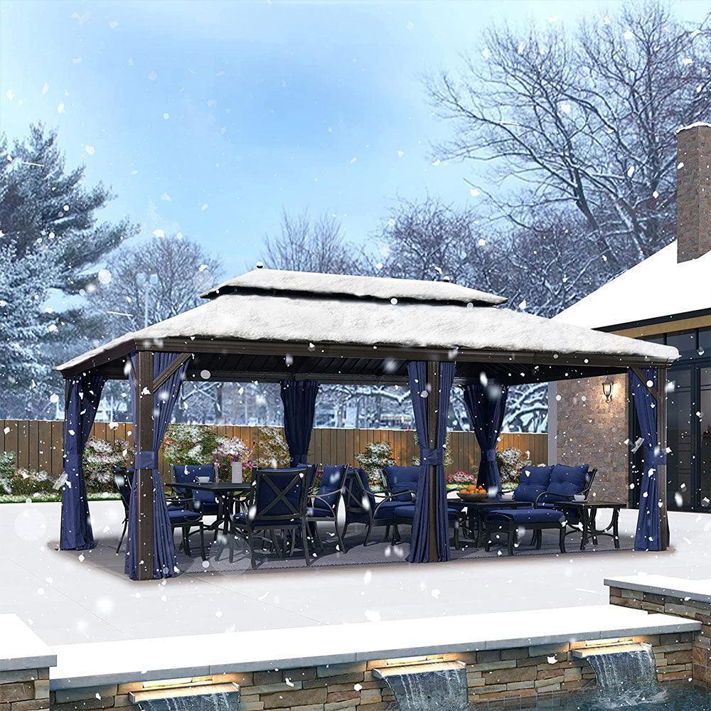 PURPLE LEAF Outdoor Hardtop Gazebo for Patio Bronze Aluminum Frame Pavilion with Navy-Blue Curtain