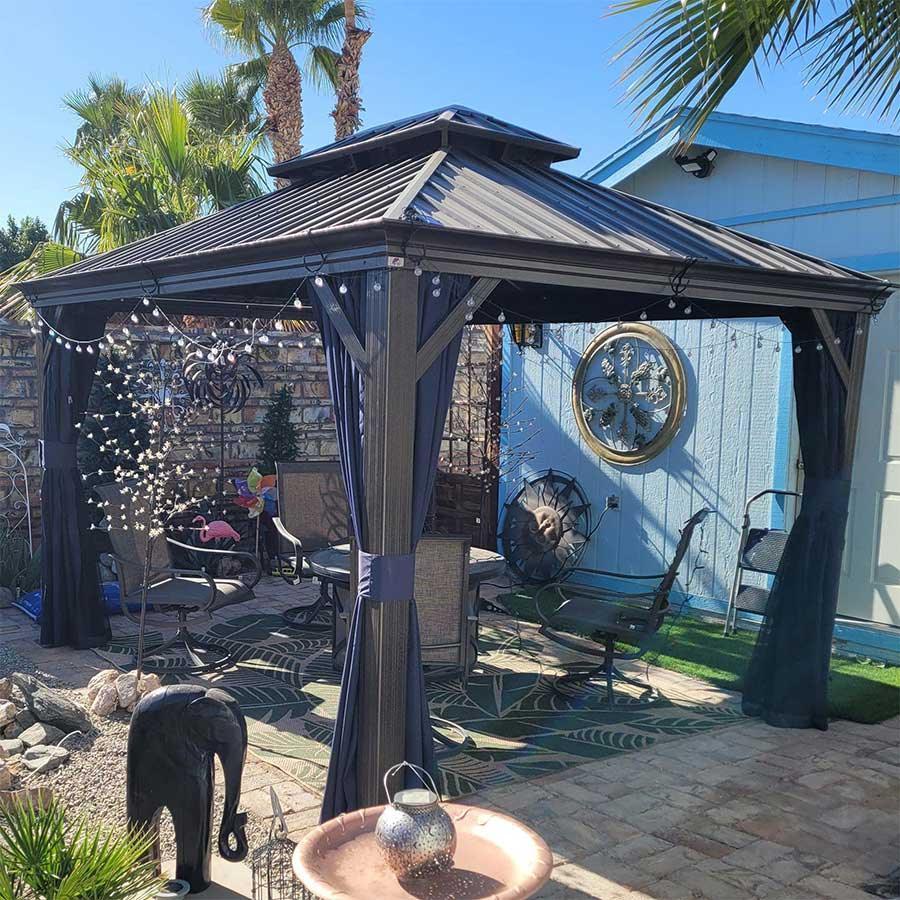 PURPLE LEAF Outdoor Hardtop Gazebo for Patio Bronze Aluminum Frame Pavilion with Navy-Blue Curtain and Reinforced Support Rods