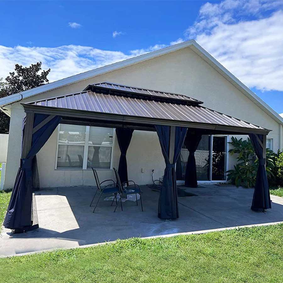 PURPLE LEAF Outdoor Hardtop Gazebo for Patio Bronze Aluminum Frame Pavilion with Navy-Blue Curtain