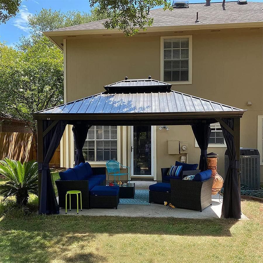 PURPLE LEAF Outdoor Hardtop Gazebo for Patio Bronze Aluminum Frame Pavilion with Navy-Blue Curtain and Reinforced Support Rods