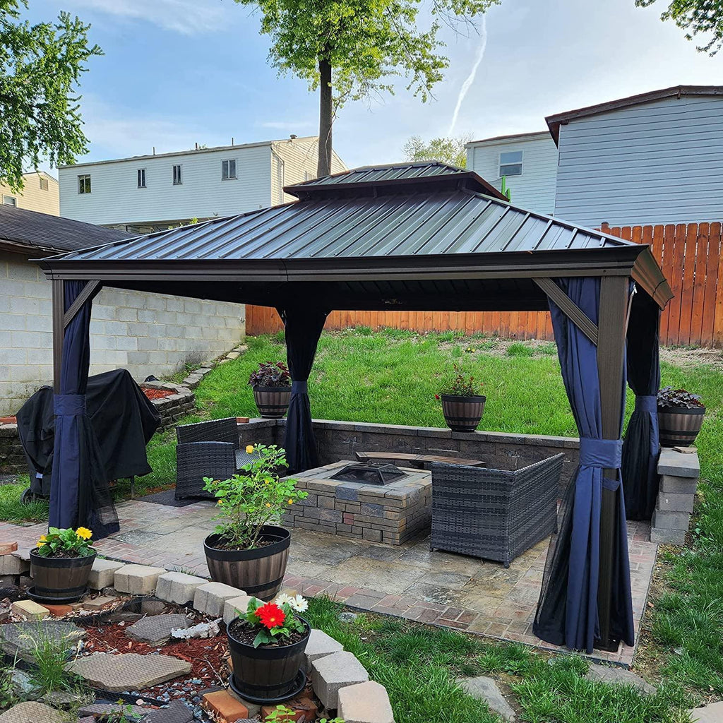 PURPLE LEAF Outdoor Hardtop Gazebo for Patio Bronze Aluminum Frame Pavilion with Navy-Blue Curtain and Reinforced Support Rods