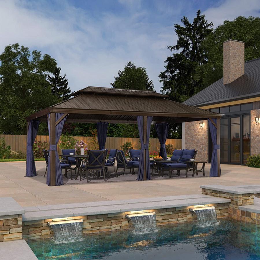 PURPLE LEAF Outdoor Hardtop Gazebo for Patio Bronze Aluminum Frame Pavilion with Navy-Blue Curtain