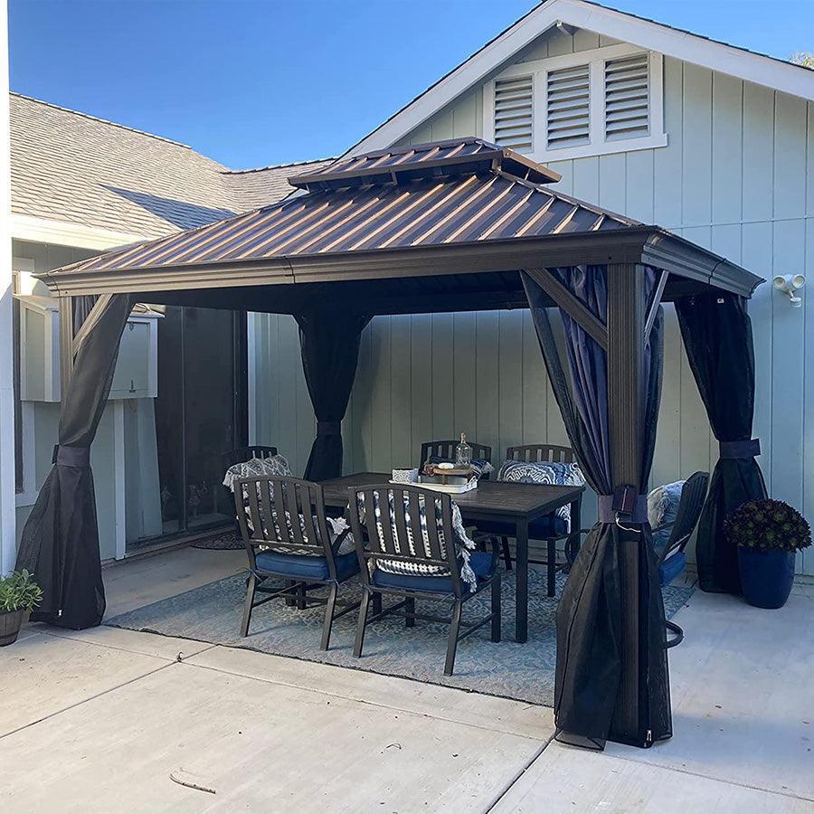 PURPLE LEAF Outdoor Hardtop Gazebo for Patio Bronze Aluminum Frame Pavilion with Navy-Blue Curtain