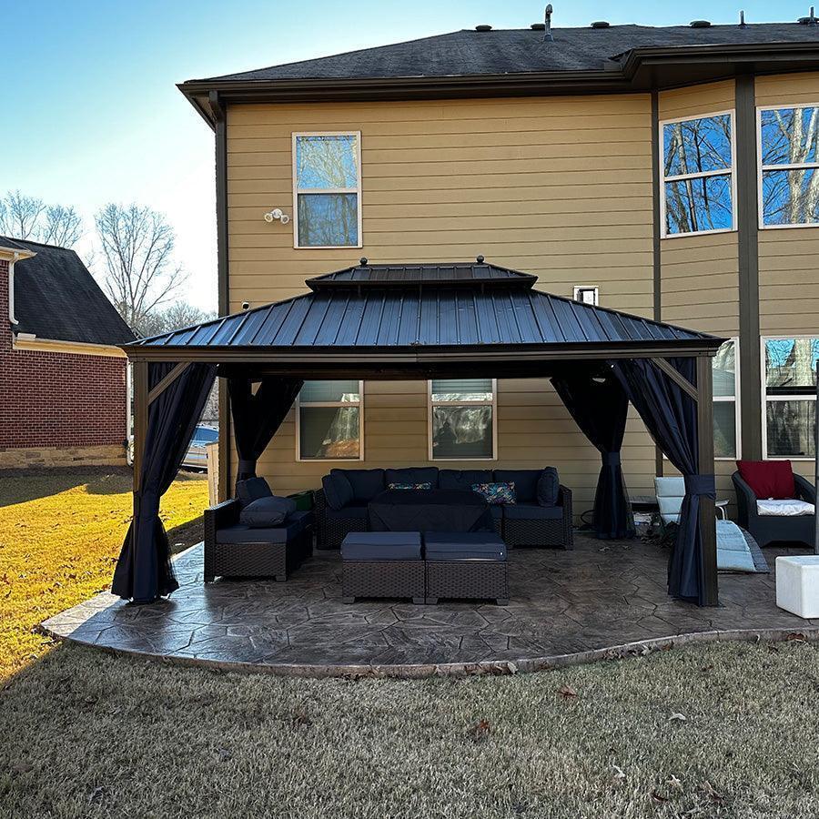 PURPLE LEAF Outdoor Hardtop Gazebo for Patio Bronze Aluminum Frame Pavilion with Navy-Blue Curtain and Reinforced Support Rods