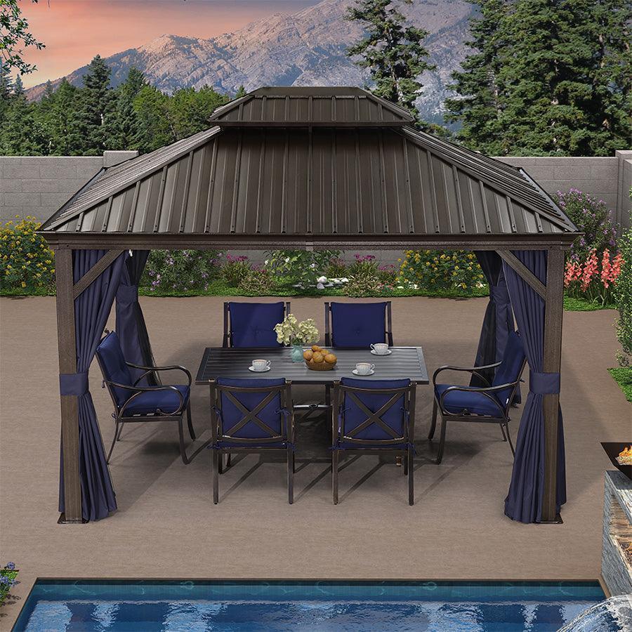 PURPLE LEAF Outdoor Hardtop Gazebo for Patio Bronze Aluminum Frame Pavilion with Navy-Blue Curtain and Reinforced Support Rods