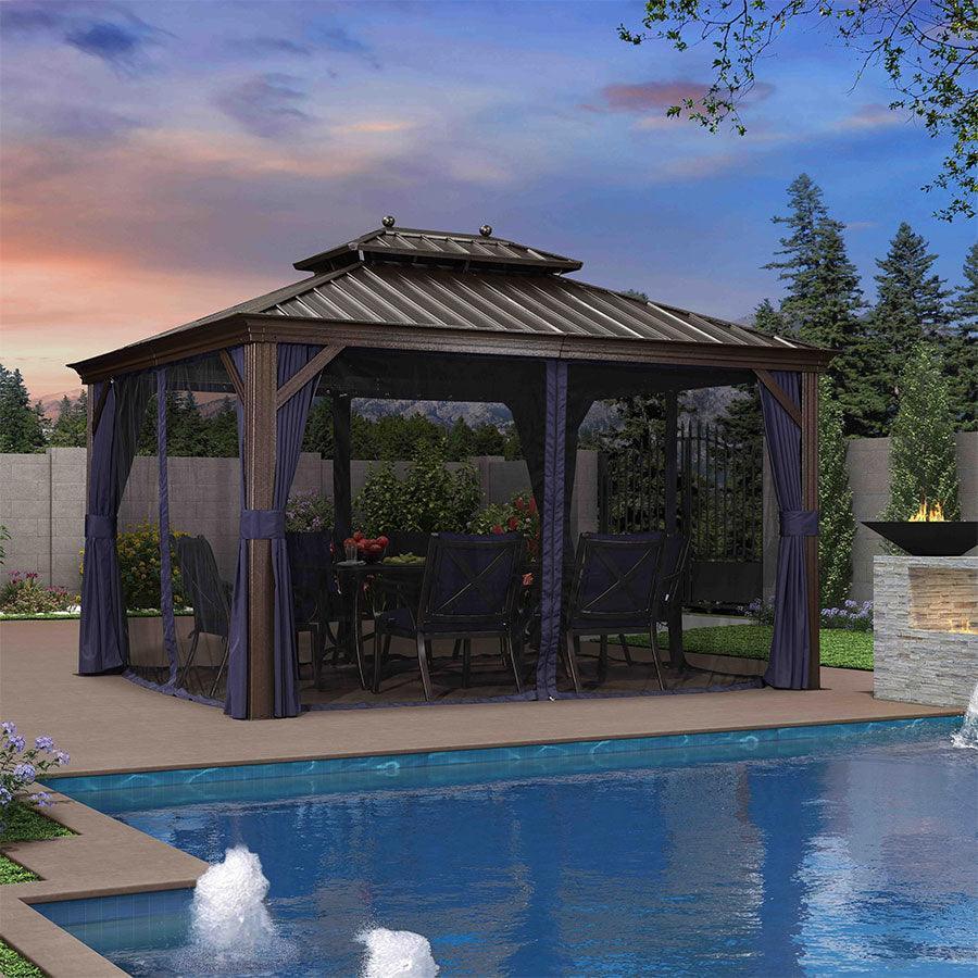 PURPLE LEAF Outdoor Hardtop Gazebo for Patio Bronze Aluminum Frame Pavilion with Navy-Blue Curtain