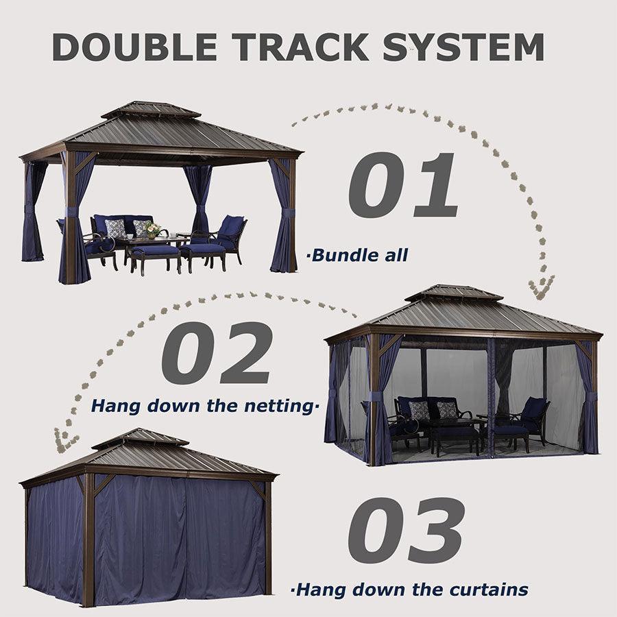 PURPLE LEAF Outdoor Hardtop Gazebo for Patio Bronze Aluminum Frame Pavilion with Navy-Blue Curtain