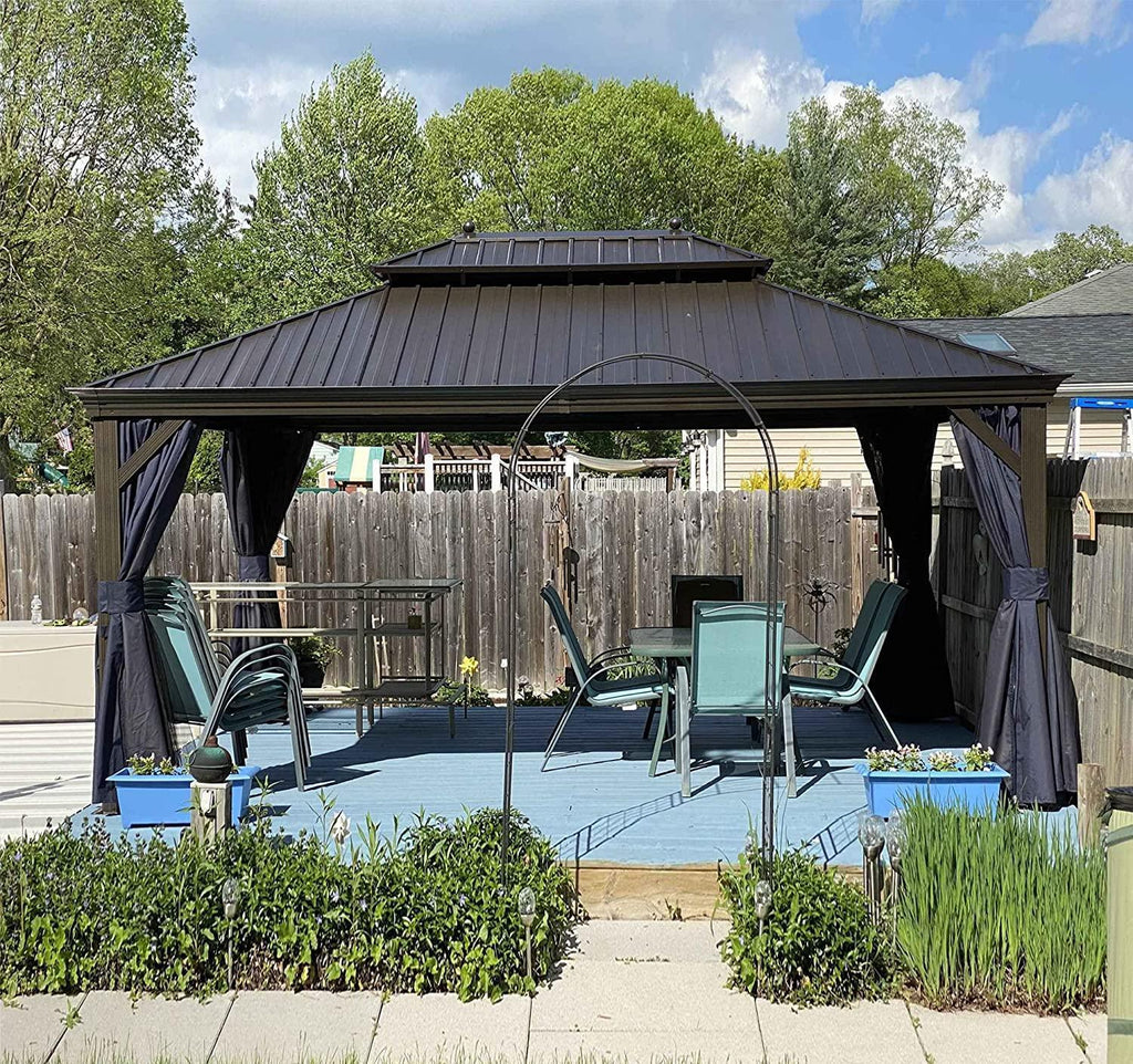 PURPLE LEAF Outdoor Hardtop Gazebo for Patio Bronze Aluminum Frame Pavilion with Navy-Blue Curtain