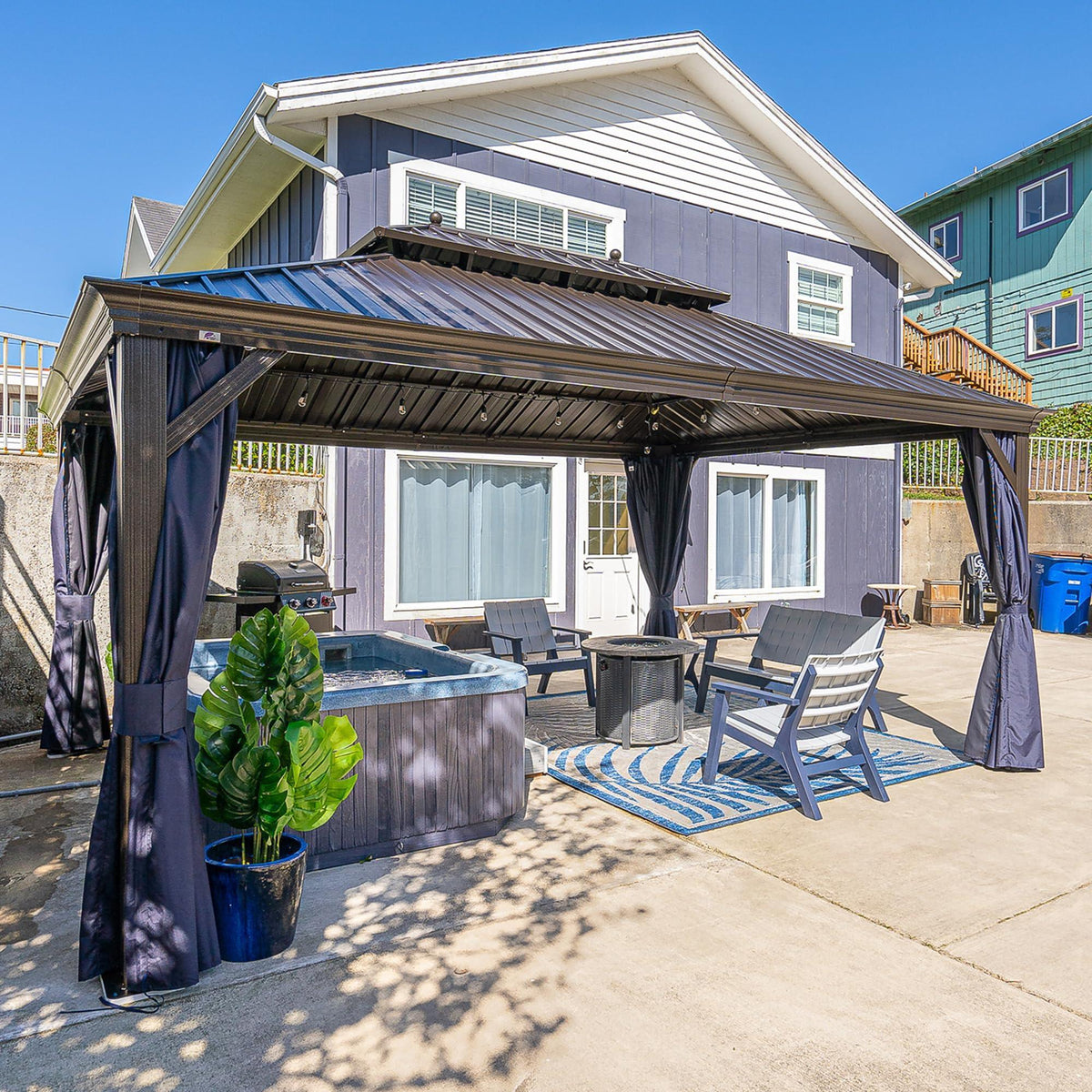 PURPLE LEAF Outdoor Hardtop Gazebo for Patio Bronze Aluminum Frame Pavilion with Navy-Blue Curtain