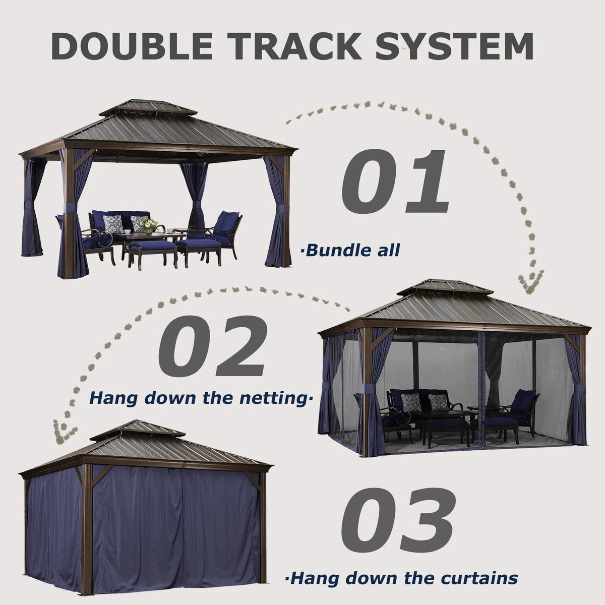 PURPLE LEAF Outdoor Hardtop Gazebo for Patio Bronze Aluminum Frame Pavilion with Navy-Blue Curtain