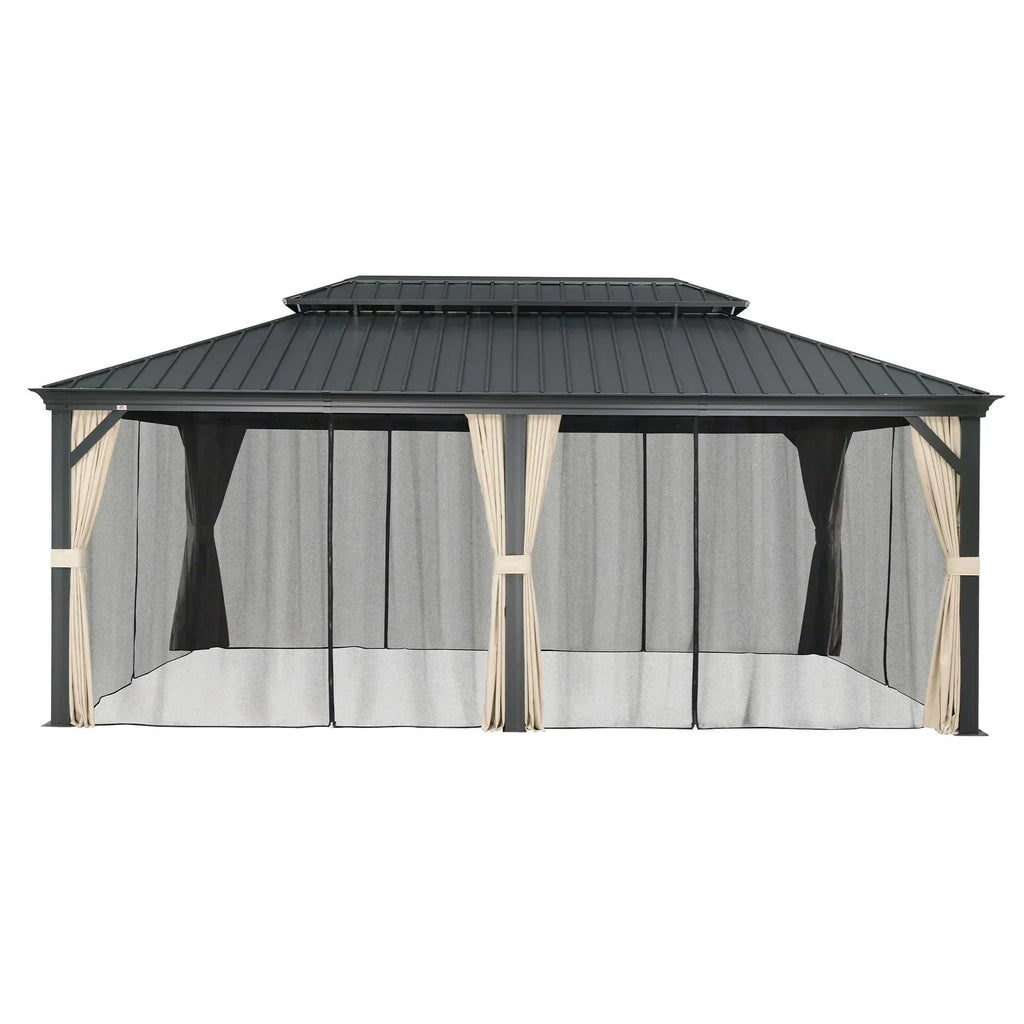 PURPLE LEAF Outdoor Hardtop Gazebo for Patio Grey Aluminum Frame Pavilion with Khaki curtains