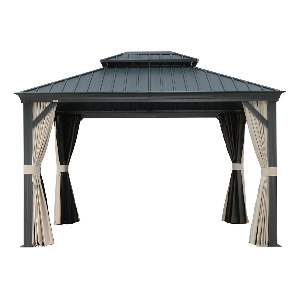 PURPLE LEAF Outdoor Hardtop Gazebo for Patio Grey Aluminum Frame Pavilion with Khaki curtains