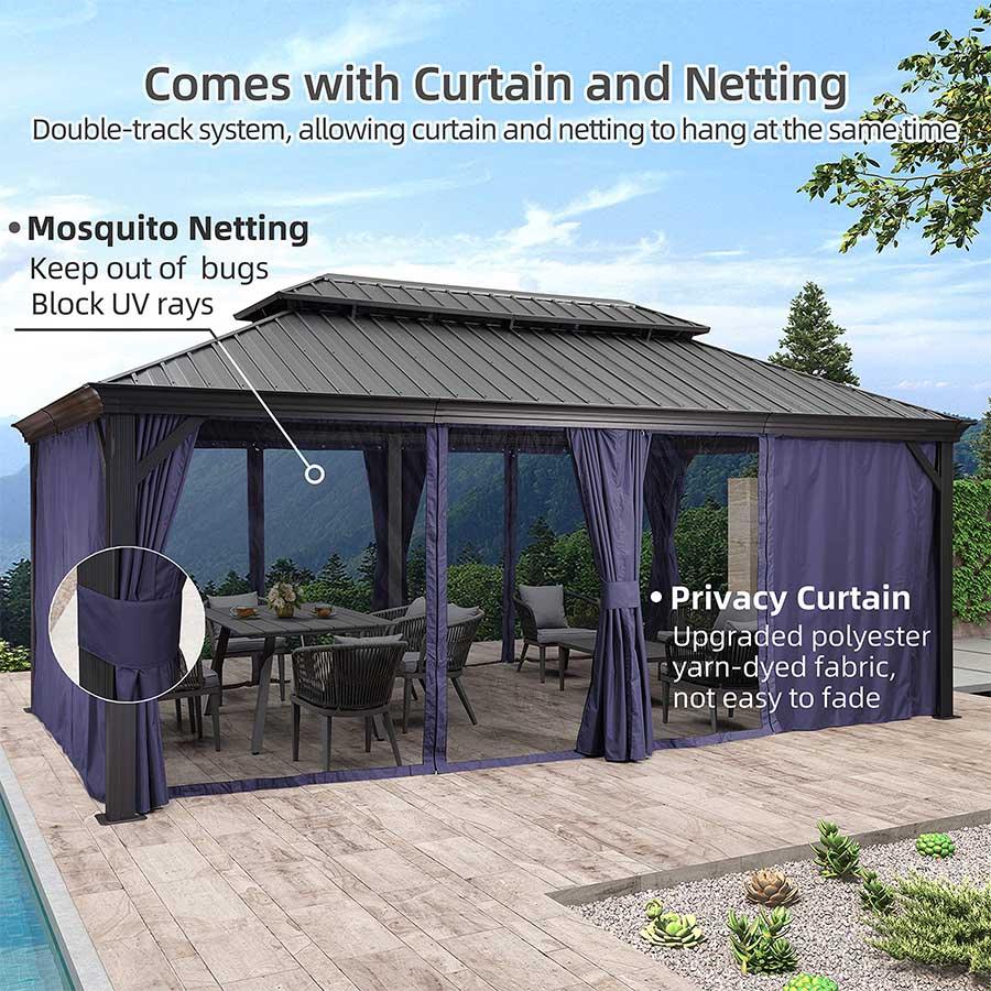 PURPLE LEAF Outdoor Hardtop Gazebo for Patio Grey Aluminum Frame Pavilion with Navy-Blue Curtain