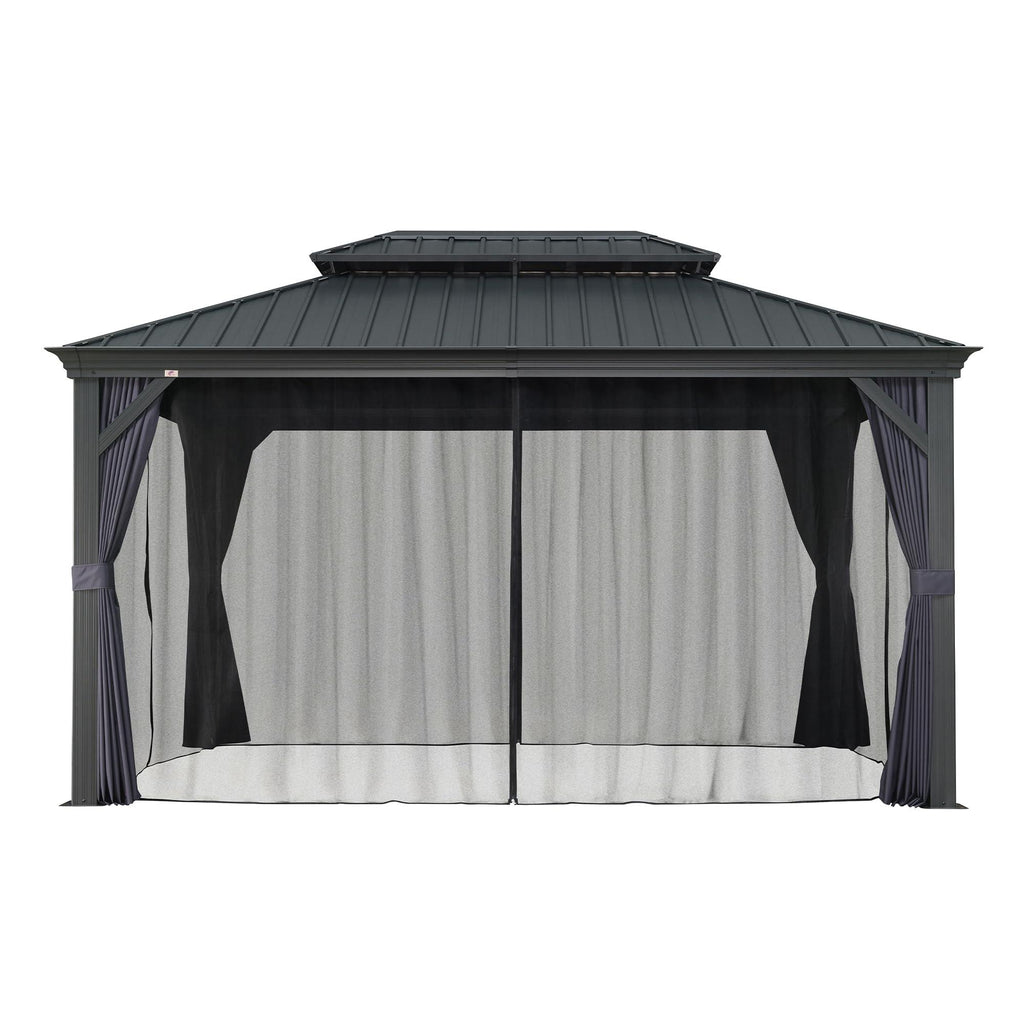 PURPLE LEAF Outdoor Hardtop Gazebo for Patio Grey Aluminum Frame Pavilion with Navy-Blue Curtain