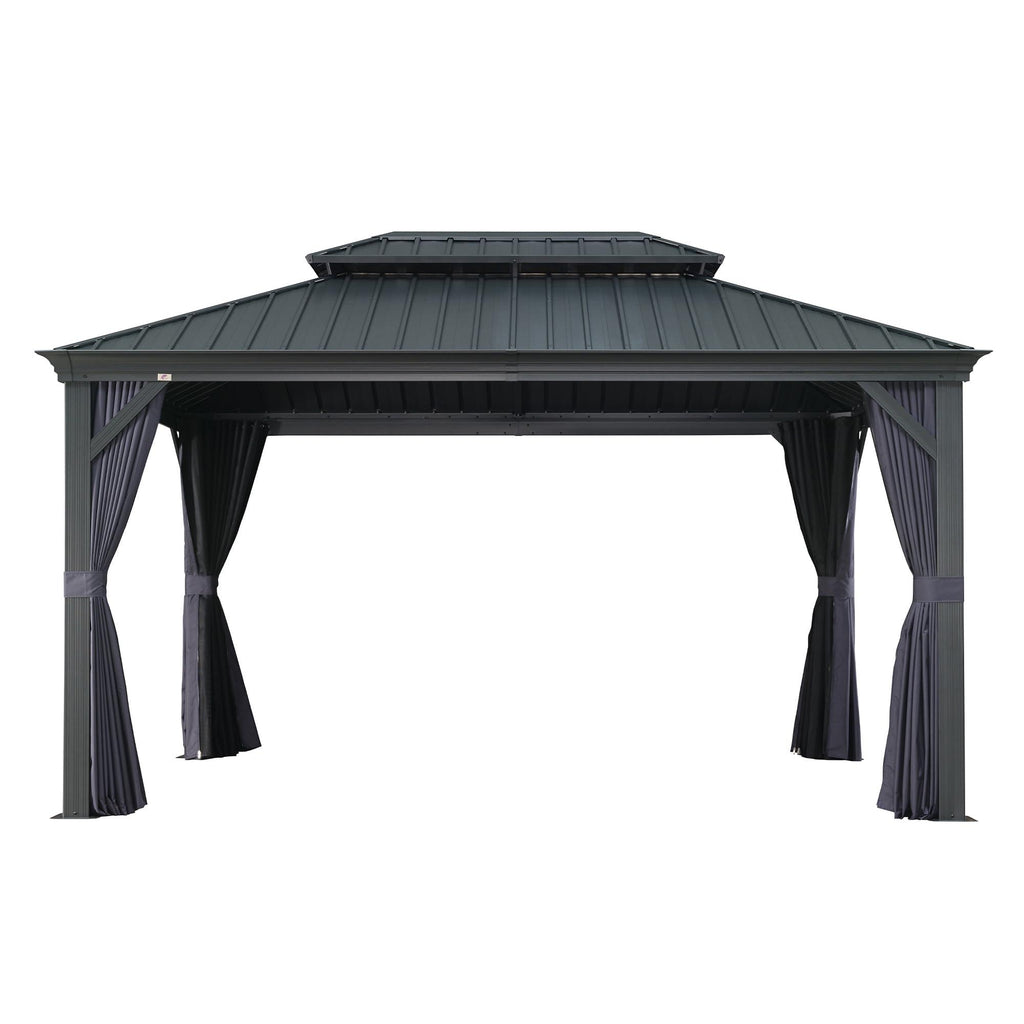 PURPLE LEAF Outdoor Hardtop Gazebo for Patio Grey Aluminum Frame Pavilion with Navy-Blue Curtain