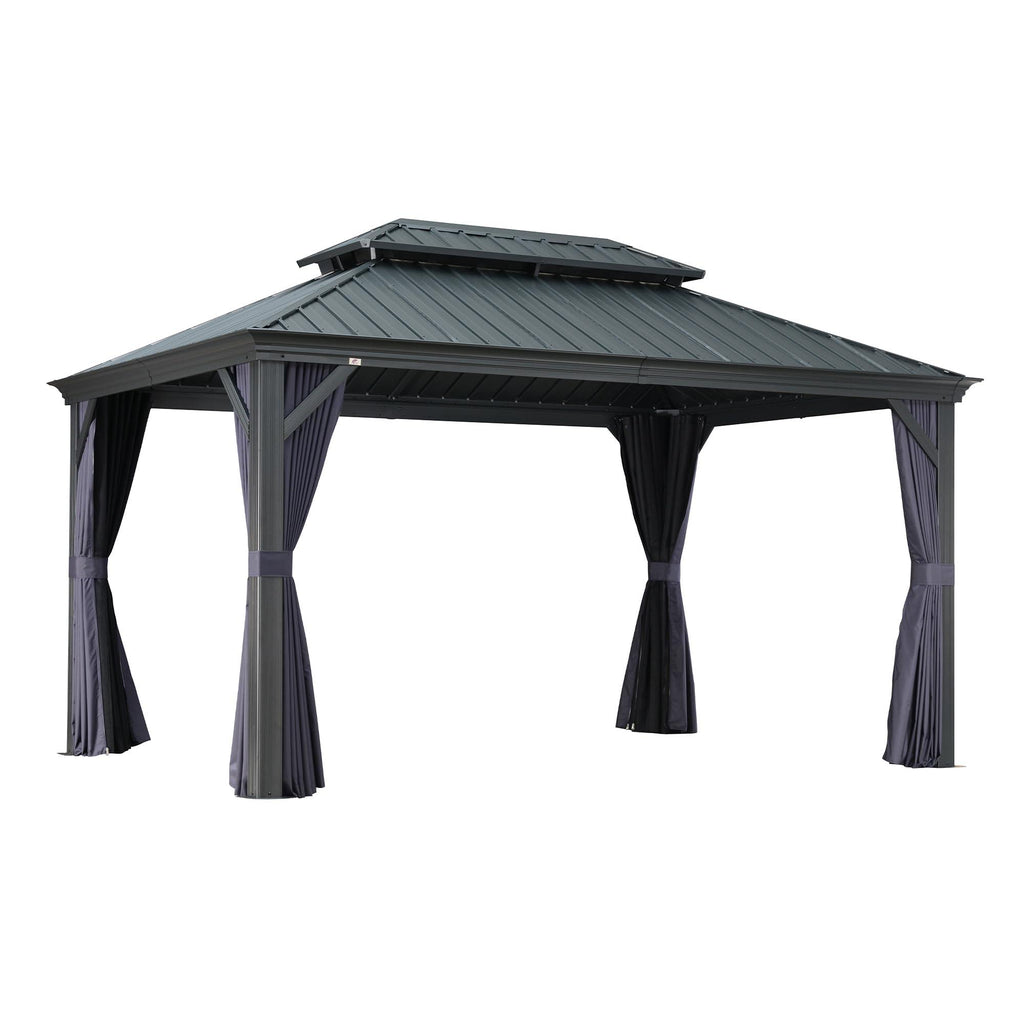PURPLE LEAF Outdoor Hardtop Gazebo for Patio Grey Aluminum Frame Pavilion with Navy-Blue Curtain