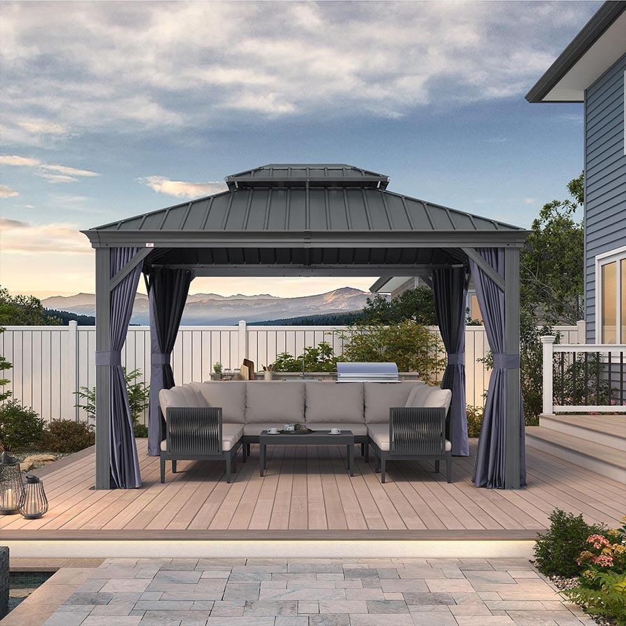 PURPLE LEAF Outdoor Hardtop Gazebo for Patio Grey Aluminum Frame Pavilion with Navy-Blue Curtain