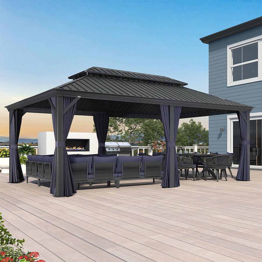 PURPLE LEAF Outdoor Hardtop Gazebo for Patio Grey Aluminum Frame Pavilion with Navy-Blue Curtain
