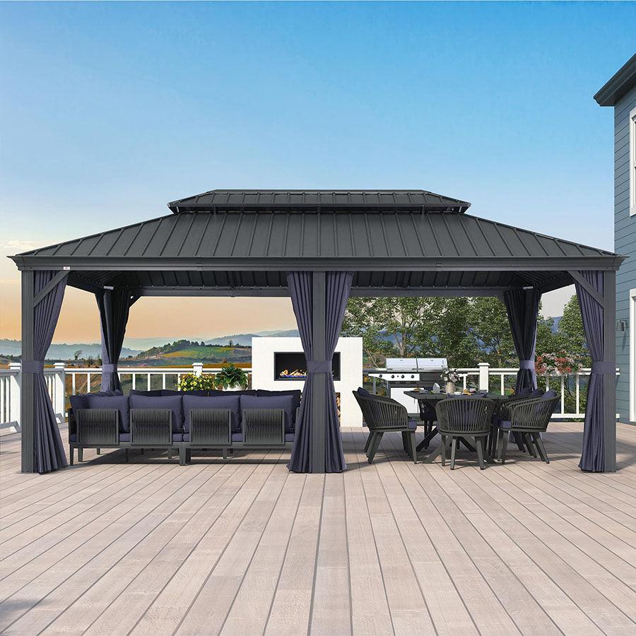 PURPLE LEAF Outdoor Hardtop Gazebo for Patio Grey Aluminum Frame Pavilion with Navy-Blue Curtain