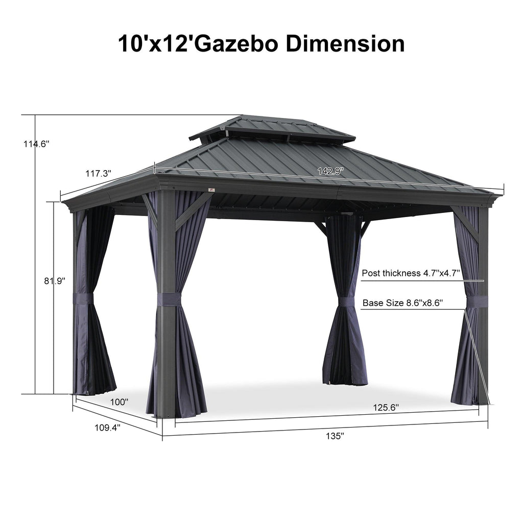 PURPLE LEAF Outdoor Hardtop Gazebo for Patio Grey Aluminum Frame Pavilion with Navy-Blue Curtain