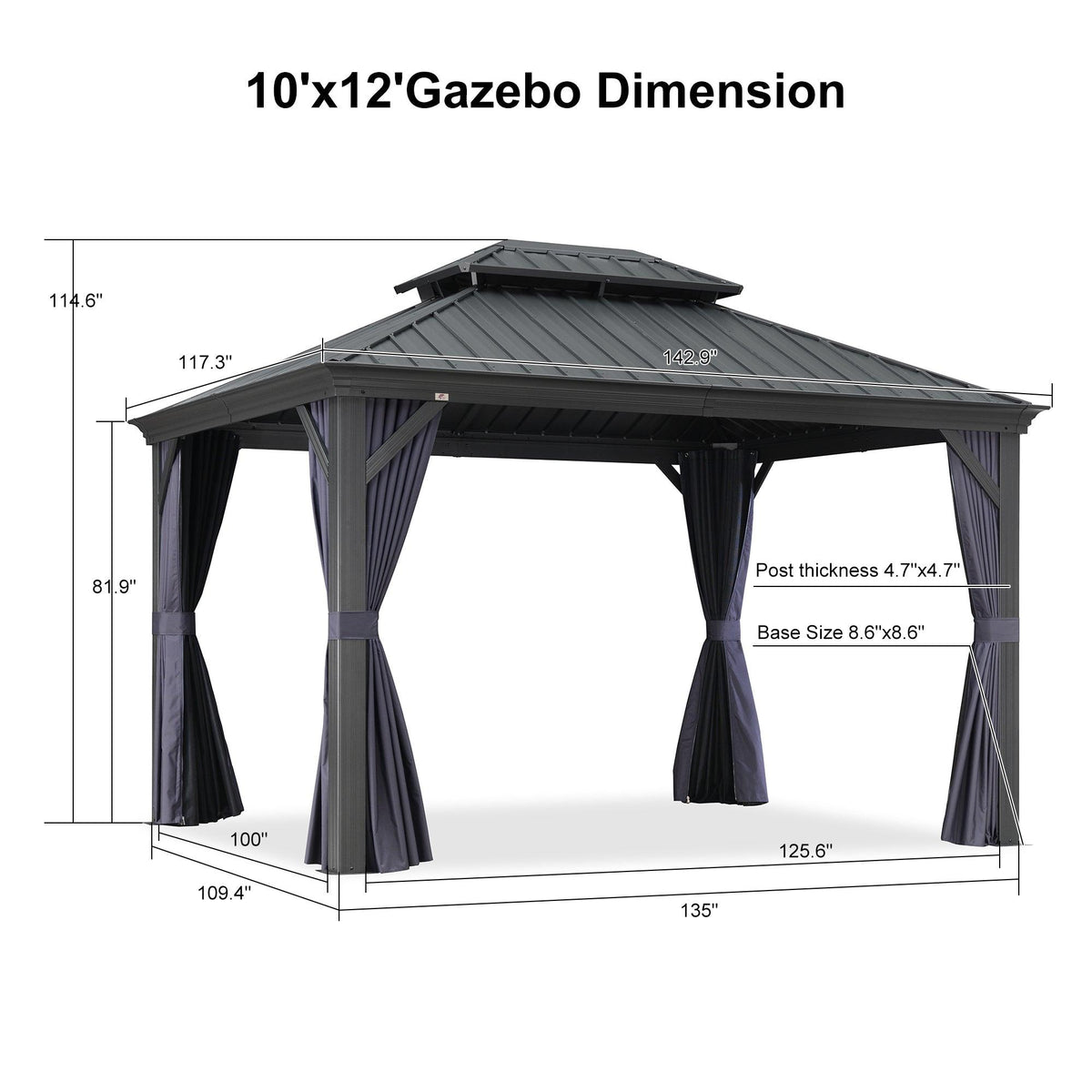 PURPLE LEAF Outdoor Hardtop Gazebo for Patio Grey Aluminum Frame Pavilion with Navy-Blue Curtain