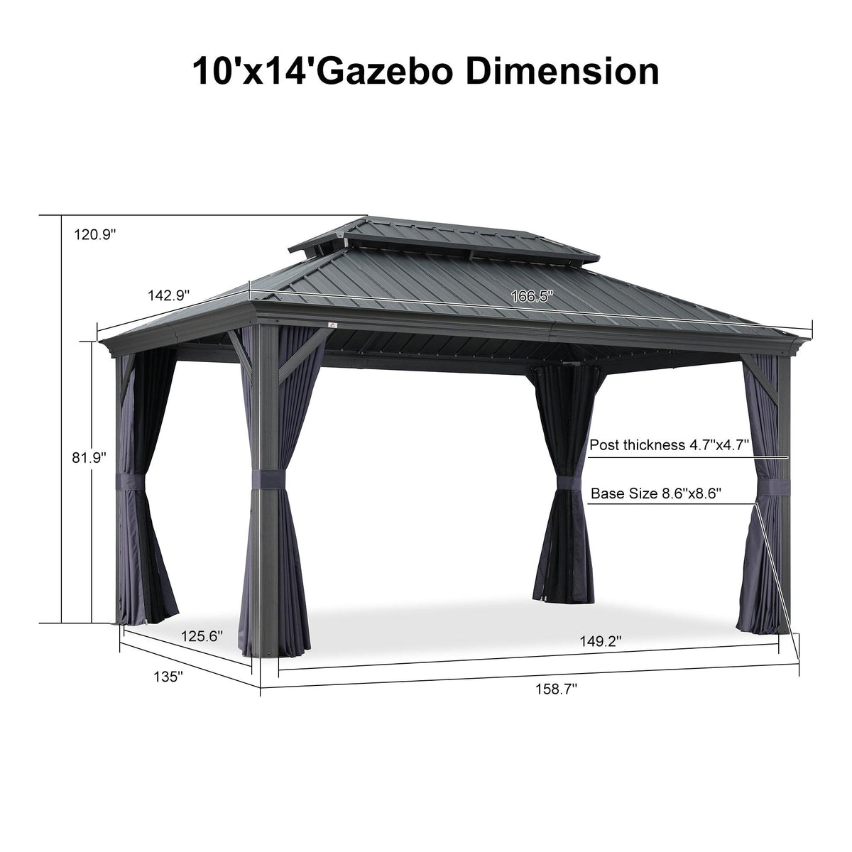 PURPLE LEAF Outdoor Hardtop Gazebo for Patio Grey Aluminum Frame Pavilion with Navy-Blue Curtain