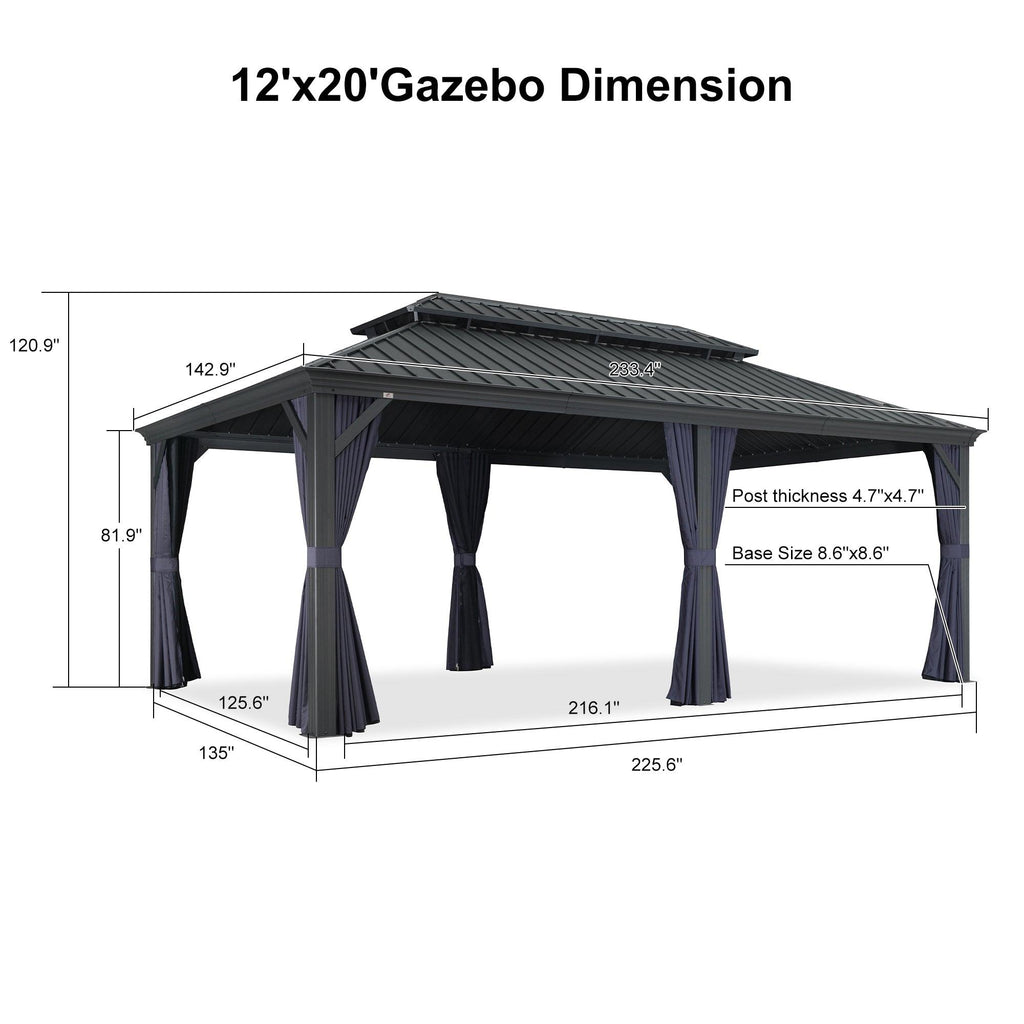 PURPLE LEAF Outdoor Hardtop Gazebo for Patio Grey Aluminum Frame Pavilion with Navy-Blue Curtain