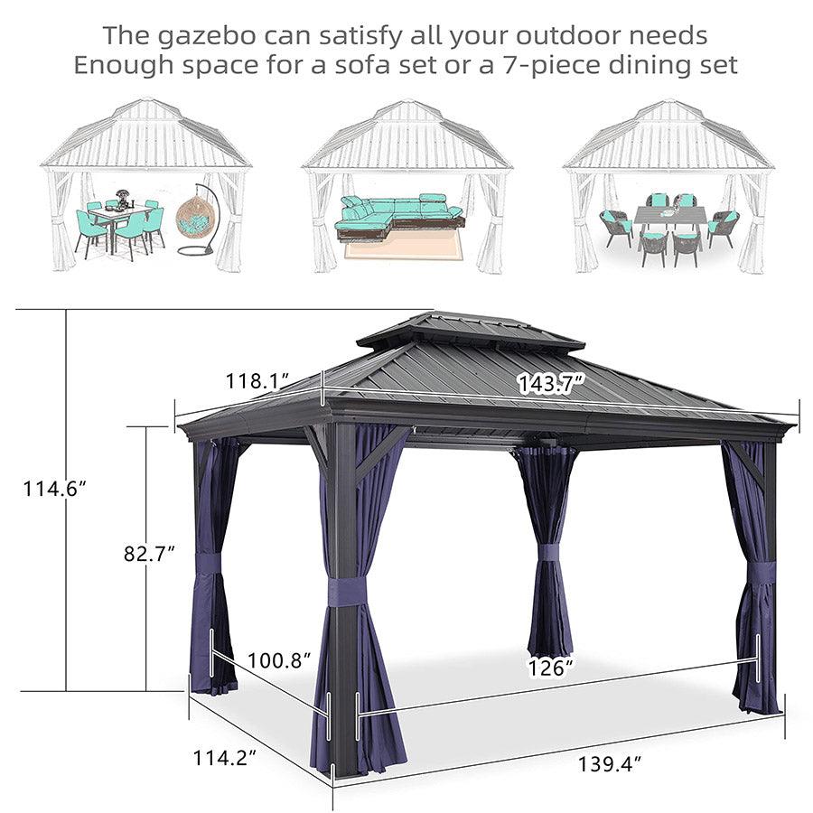 PURPLE LEAF Outdoor Hardtop Gazebo for Patio Grey Aluminum Frame Pavilion with Navy-Blue Curtain