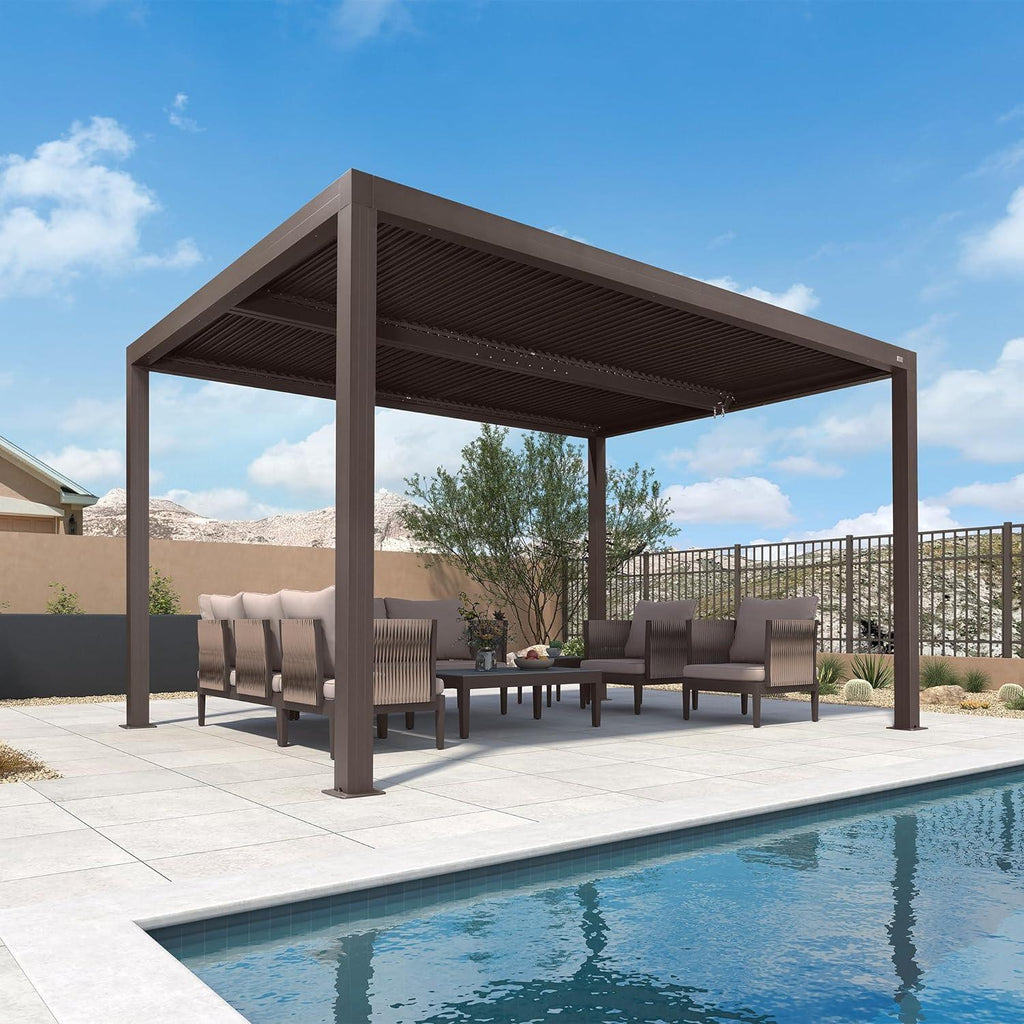 PURPLE LEAF Athena Outdoor Louvered Pergola Adjustable Metal Roof Bronze Hardtop Gazebo Patio Pavilion