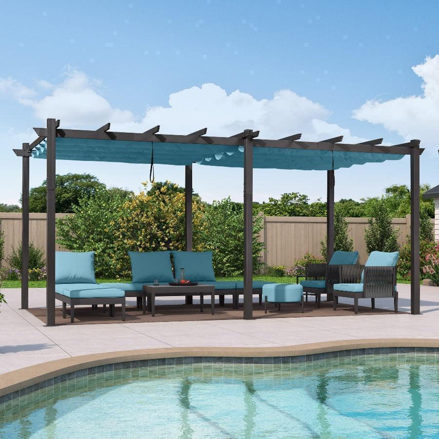 PURPLE LEAF Outdoor Pergola with Retractable Canopy Aluminum Shelter for Beach Porch Garden  Shade Pavilion Pergola  with Curtains