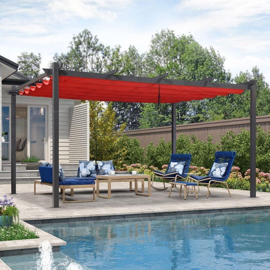 PURPLE LEAF Outdoor Pergola with Retractable Canopy Aluminum Shelter for Beach Porch Garden  Shade Pavilion Pergola  with Curtains