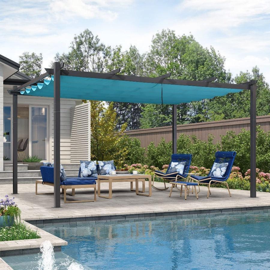 PURPLE LEAF Outdoor Pergola with Retractable Canopy Aluminum Shelter for Beach Porch Garden  Shade Pavilion Pergola  with Curtains