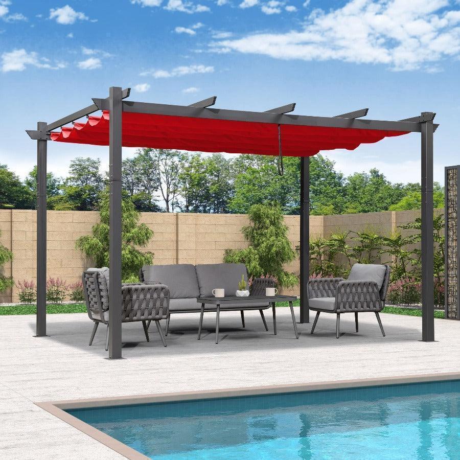 PURPLE LEAF Outdoor Pergola with Retractable Canopy Aluminum Shelter for Beach Porch Garden  Shade Pavilion Pergola  with Curtains