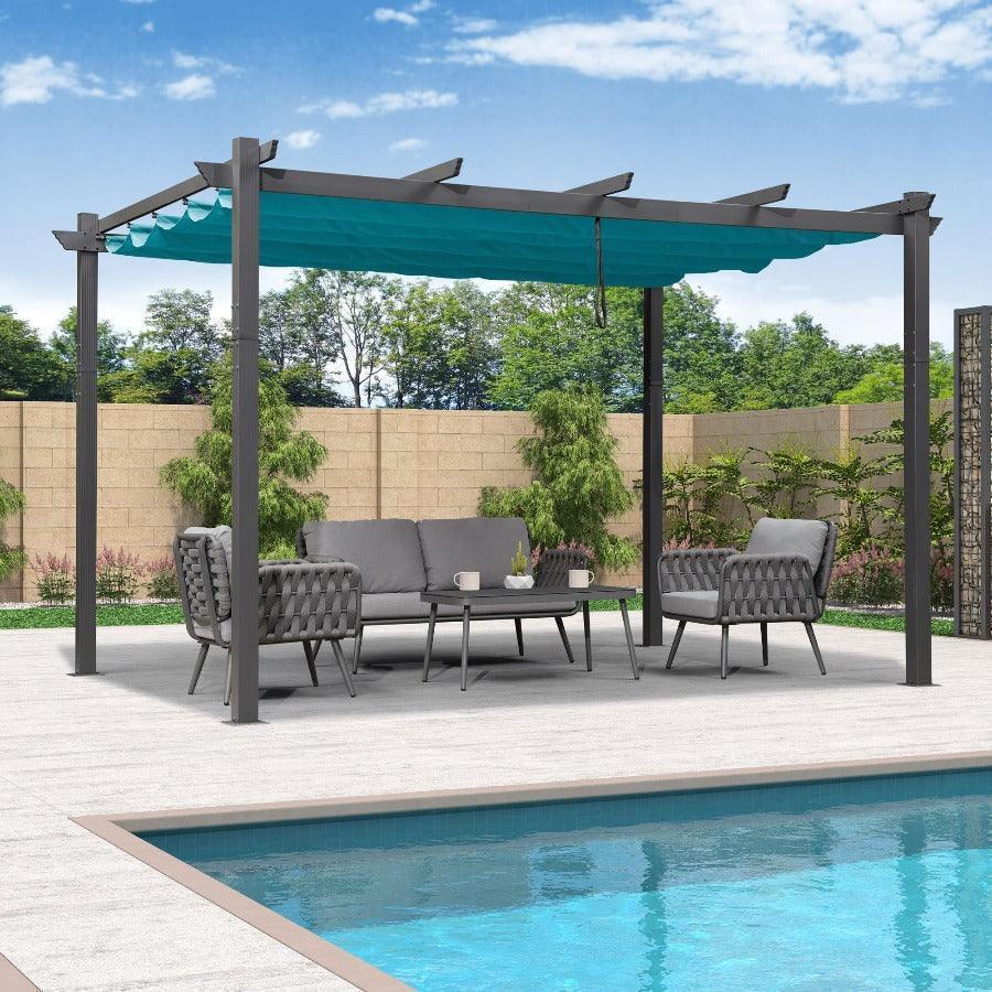 PURPLE LEAF Outdoor Pergola with Retractable Canopy Aluminum Shelter for Beach Porch Garden  Shade Pavilion Pergola  with Curtains