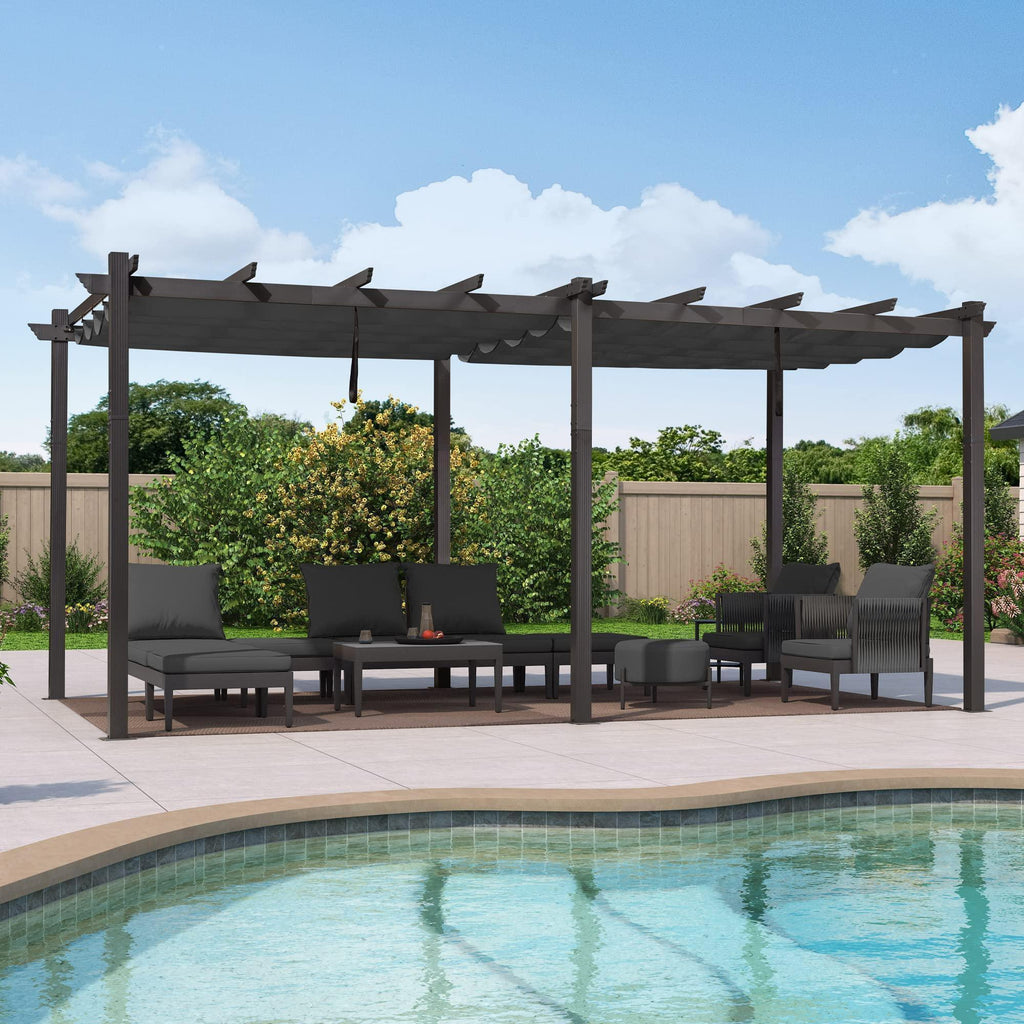 PURPLE LEAF Outdoor Pergola with Retractable Canopy Aluminum Shelter for Beach Porch Garden  Shade Pavilion Pergola  with Curtains