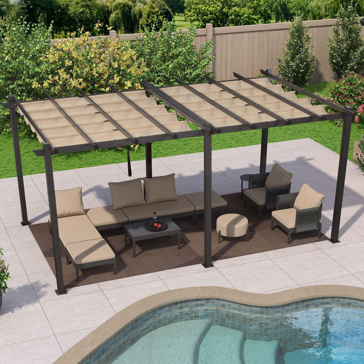 PURPLE LEAF Outdoor Pergola with Retractable Canopy Aluminum Shelter for Beach Porch Garden  Shade Pavilion Pergola  with Curtains