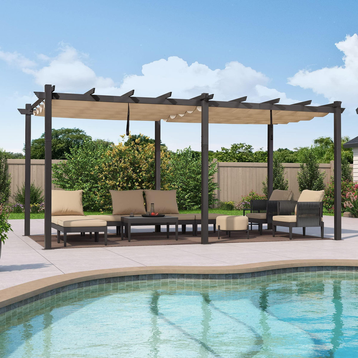 PURPLE LEAF Outdoor Pergola with Retractable Canopy Aluminum Shelter for Beach Porch Garden  Shade Pavilion Pergola  with Curtains